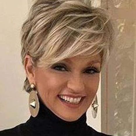 Creamily Short Pixie Cut Women's Wig Short Hair with Bangs Natural Tiered Synthetic Hair for Women Blonde Mix Brown