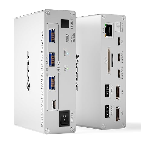 KVM Switch 2 Monitors 2 Computers USB C, KVM Switch Docking Station for 2 Laptops, 4K@60Hz, 80W PD, USB 3.0, 5Gbps, Gigabit Ethernet, TF/SD Card, Wired Remote(4K USB C HD 2 in 2 out KVM)