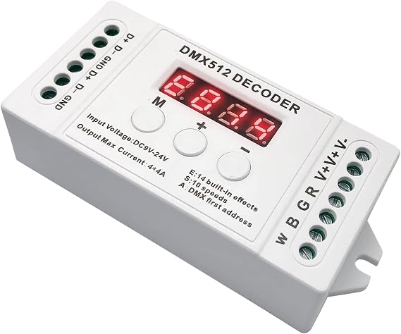 GIDEALED 4 Channel DMX Decoder RGBW DMX512 Decoder with Digital Display Mini DMX512 Dimmer Driver PWM 16A LED Controller for RGB RGBW LED Strip DC9-24V