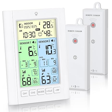 Digital Fridge Thermometer Freezer Thermometer with 2 Sensors LCD Colour Screen with Alarm Backlight Max/Min Time Calendar DST ℃/℉ Dual Power Mode for Kitchen