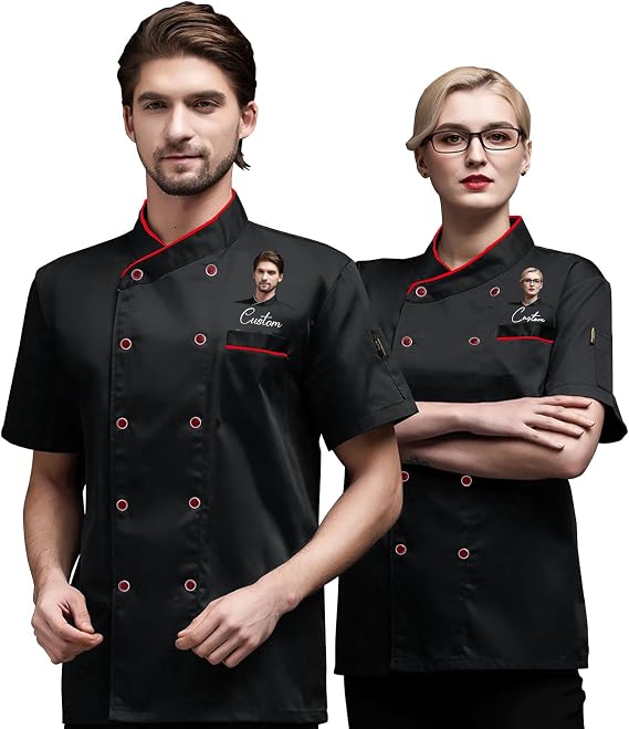 Personalised Chef Jacket for Men Women, Custom Short Sleeve Chef Coat with Text/Photo/Logo, Breathable, Comfortable, 4 Colours, 7 Sizes