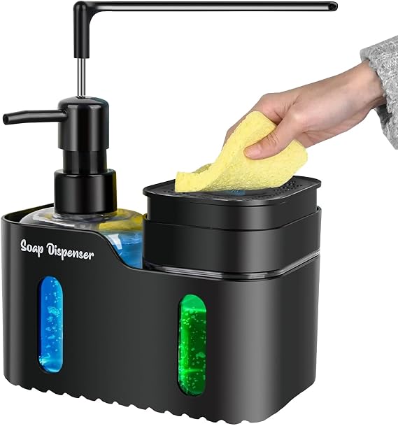 Hand Soap and Dish Soap Dispenser Set for Kitchen, Dual Soap Dispenser with Sponge Holderand Dishcloth Holder 4-in-1 Organizer for Kitchen Sink Countertop, Useful Kitchen Gadgets (Black)