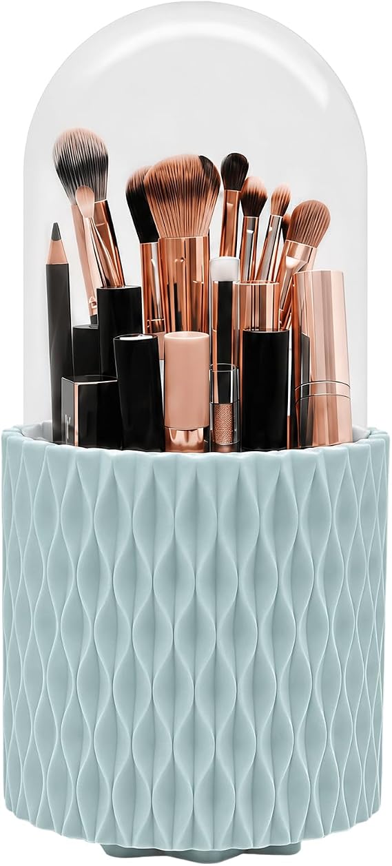 Makeup Brush Holder with Lip, 360° Rotating Make up Organiser, Container Cosmetic Display Cases (Blue)