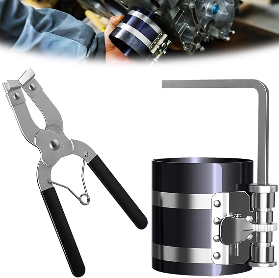 3Pcs 3"Piston Ring Compressor and Adjustable Piston Installation Tool & Piston Ring Pliers,Stainless Steel Car Engine Piston Ring Compressor Tool Set with Installer Removal Pliers for Engine,Cylinder