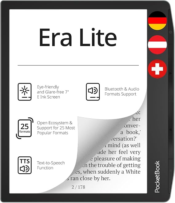 Pocketbook Era Lite E‑Reader, 7 Inch E‑Ink Carta 1300 Display, 16 GB, IPX4, Bluetooth, SMARTlight, Stone Green - DE/AT/CH Version
