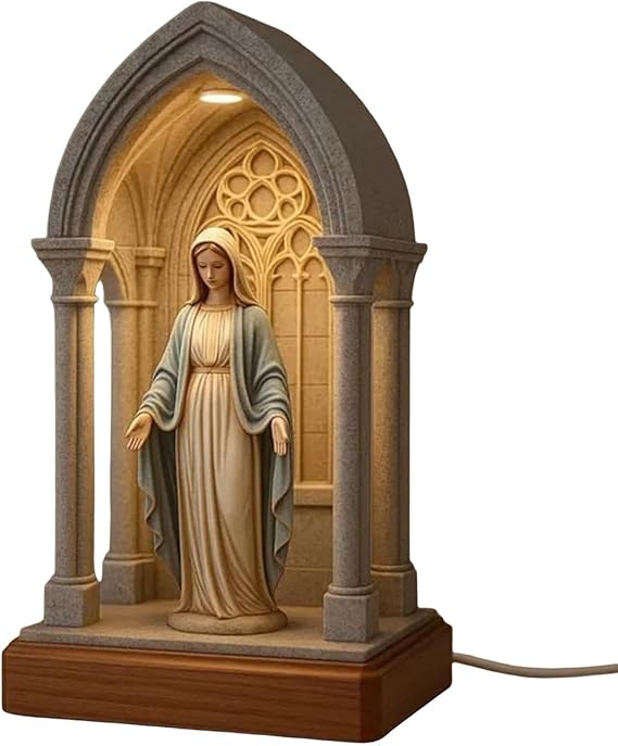 Mary LED Devotional Table Lamp, Elegant Sacred Mary Statue Night Light Handmade Catholic Decor Table Lamp, for Home Altar, Bedroom, Gift, Religious Decor
