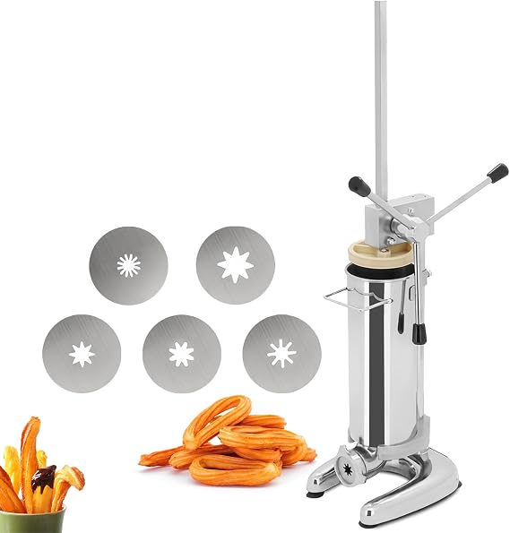 Manual Churro Maker Machine with 5 Molds, Stainless Steel Vertical Design for Snack Equipment