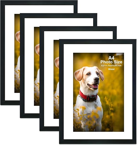 4 Pack A4 Picture Frames, 21x29.7 cm Wooden Photo Frame with Perspex Glass, With Stand & Wall Hanging Hooks, Landscape or Portrait Orientation, Wall-Mount & Desk Stand, Black