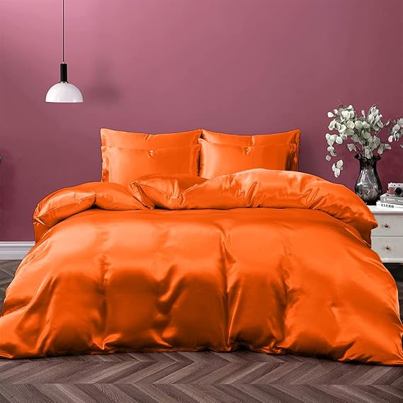 Silk Satin Sheet Set| 100% Pure Silk Satin Sheet Set 7pc Silk Fitted Sheet 15" Deep Pocket, Silk Flat Sheet, Silk Duvet Cover & Pillowcases Set !!(Short Queen Orange)