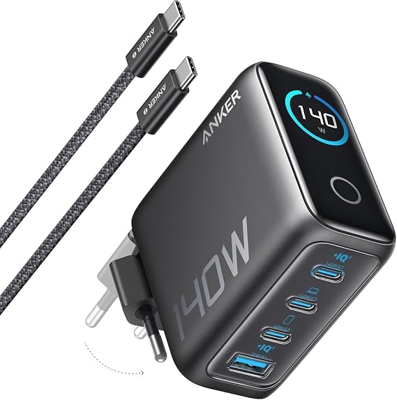 Anker 140W USB-C Şarj Cihazı, 4 Bağlantı Noktalı, Çoklu Cihaz Hızlı Şarj Gücü, Gelişmiş GaN Güç Kaynağı, Dokunmatik Kontrol, Siyah - B2697