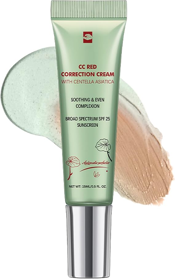 CC Red Correct with Centella Asiatica, Lightweight Skin Perfector Tinted Moisturiser, Covering Corrector Invisible Pores Face Concealer, CC Cream Light With SPF 25,15ml (1#Green, One Size)