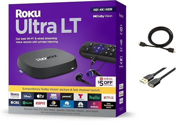 Roku Ultra LT Streaming Box Device 4K/HDR/Dolby Vision/Dual-Band Wi-Fi with Roku Voice Remote and HDMI Cable, with USB Extension Cord and HDMI