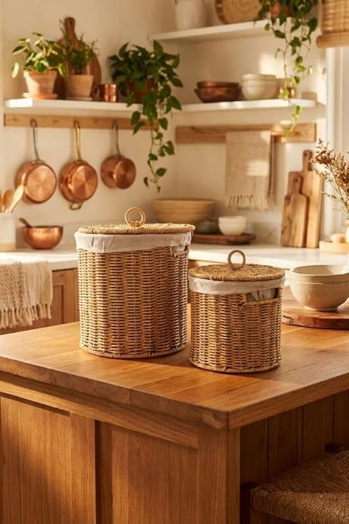 Rattan Hasır Patates Soğan ve Ekmek Saklama Sepeti - 2'li Set Kapaklı Bez Astarlı