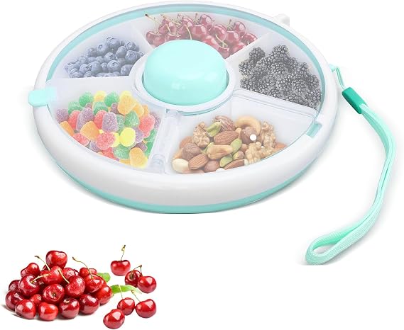 Snack Spinner, Spinner Snacks Box with 5 Compartments 18cm, Reusable Portable Snack Tray with Hand Strap for Home School Picnic Travel (Green)