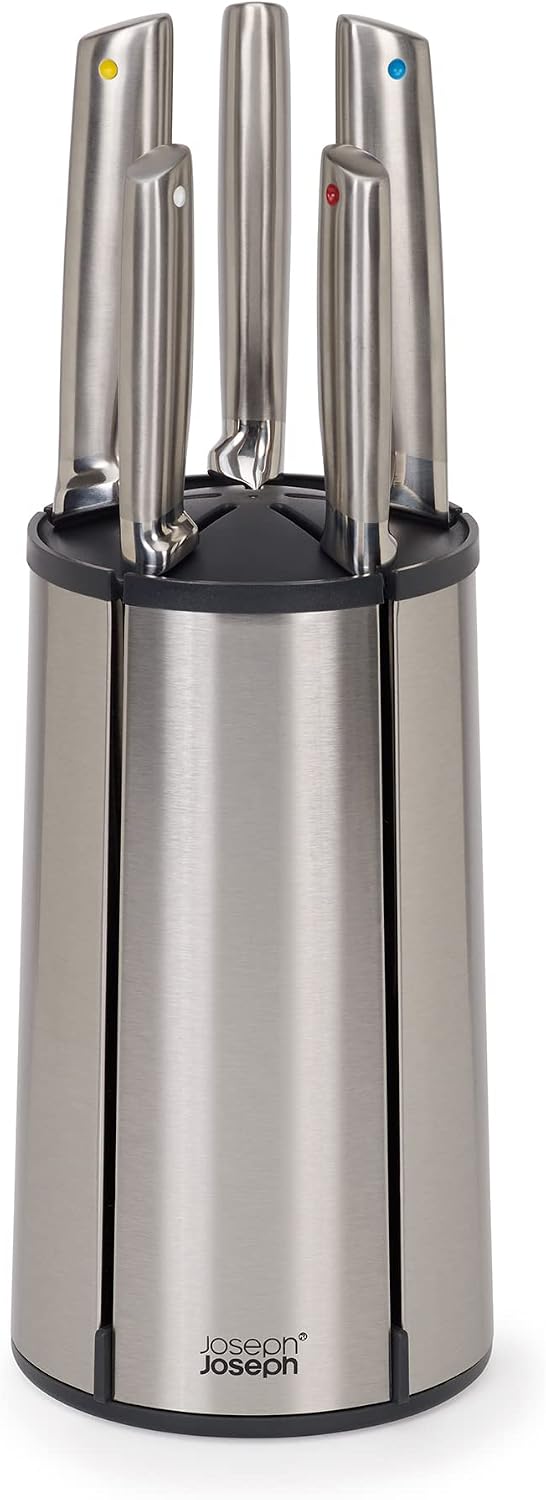 Joseph Joseph Elevate - Steel Knife Carousel 5-Piece Set, Rotary Stainless Steel Knife Block, Japanese Stainless Steel Knives, Fingerprint Resistant Coating and Anti-Slip Base, Kitchen Accessories