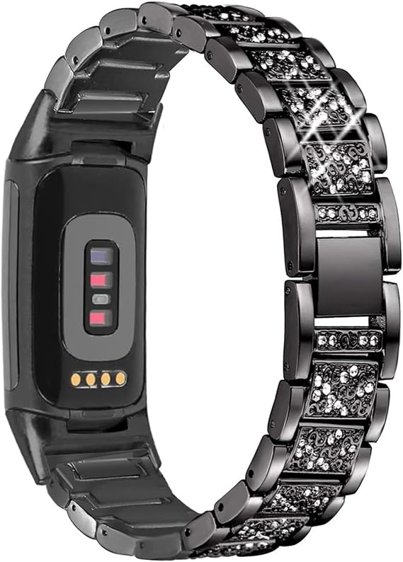 キラキラバンド Fitbit Charge 6/Charge 5対応 ドレッシーメタルブレスレット 豪華なラインストーン交換用リストバンド 女性用 シルバーブラックゴールド
