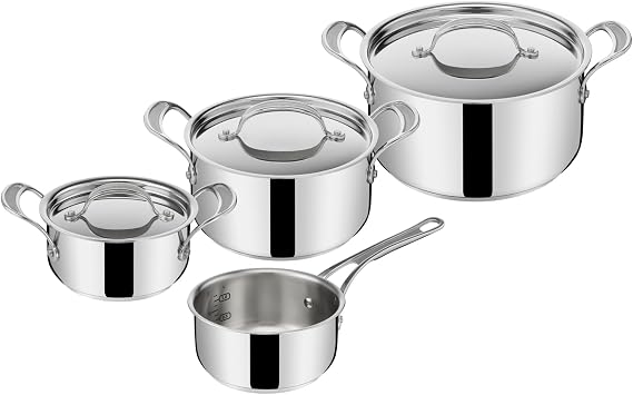 Tefal Jamie Oliver Cook's Classics 7-teiliges Edelstahl-Set Induktion Stielkasserolle 16 cm Kochtöpfe mit Deckel 16/20/24 cm für alle Herdarten geeignet backofenfest Edelstahl E307S734