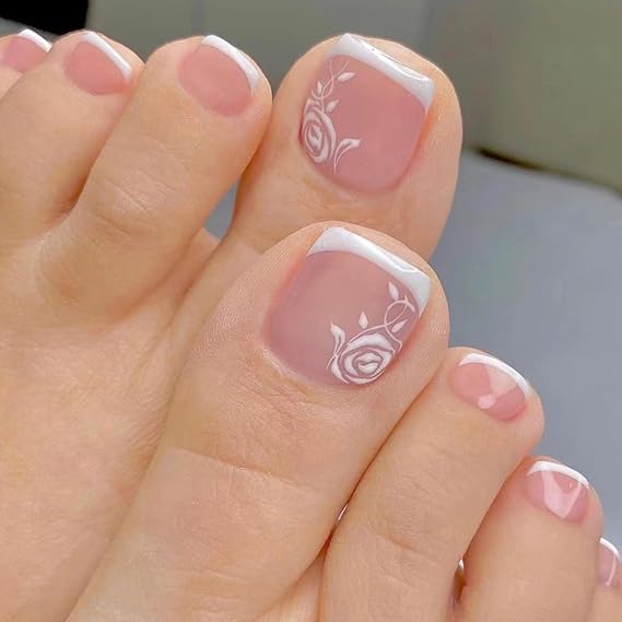 24Pcs Square False Toenails Glossy French Rose Flower Press on Toenails Nude Pink Stick on Toenails Short Acrylic Full Cover Summer Fake Toenails for Women and Girls Daily Decorations