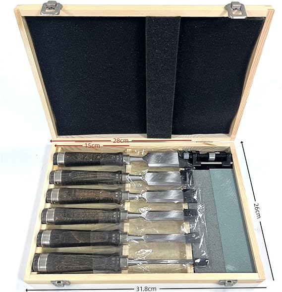 PakabiDIY Woodworking Chisel Tools Professional Set includes double-sided grindstone, sturdy flat chisel, super sharp professional woodworking tool set perfect for beginners and experts in carving and