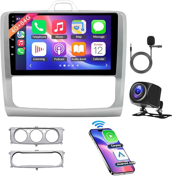 4+64GB Android 13 Car Stereo for Ford Focus MK2 2004 2005 2006 2007 2008 209 2010 2011,9Inch Touch Screen Double Din Car Radio Receiver with Wireless Carplay Android Auto GPS Navi Bluetooth Camera