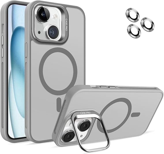 MADNOVA iPhone 14 Plus için Kılıf Kamera Korumalı Magsafe Wireless Şarj Özellikli Lens Hediyeli Mat Şeffaf Renkli Standlı Kılıf (GRİ)