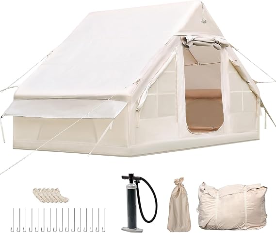 Inflatable Camping Tent with Chimney Opening & skylight, 2-8 Person Tent Outdoor with Air Pump, 4 Season Waterproof Oxford Cloth Quick Build Inflatable Tent