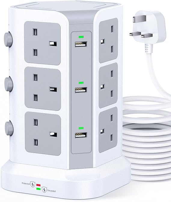 KOOSLA Tower Extension Lead, 13A 3250W, 12 Way, 6 USB, 5M, White