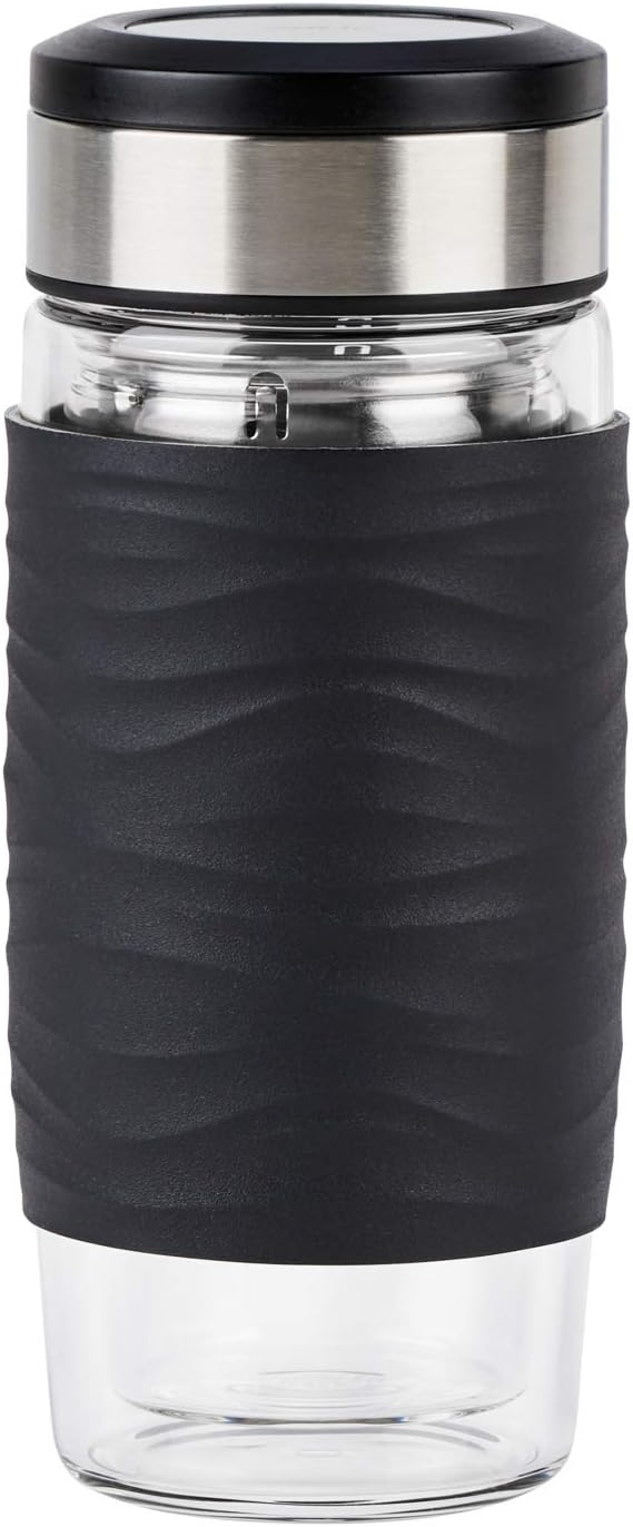 Emsa N20804 Tea Mug Made of Double-Walled Glass | Keeps Warm for 1 Send | 0.4 litres | Removable Strainer | BPA Free | 100% Leak-Proof | Black
