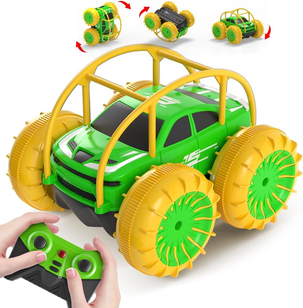 MaxTronic Fast Direct Charging Remote Control Cars, 360° Flip Waterproof Stunt Car with ONOFF Cool LED, Monster Truck 2.4GHz 4WD Indoor Outdoor Kids RC Toy Gift ideas for Boys Girls