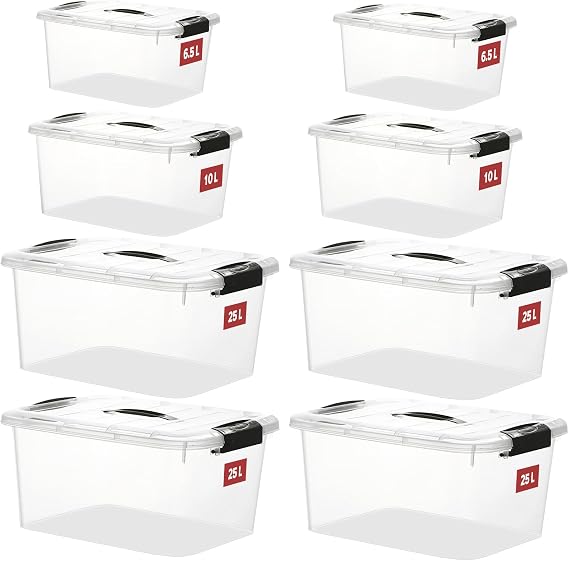 Greentainer Stackable Plastic Tote Boxes - 25L Storage Boxes with Lid and Buckles, Clear Latch Boxes for Home, Kitchen, Office, Clothes, Books, Toy Organiser, BPA-Free, 8 Pack