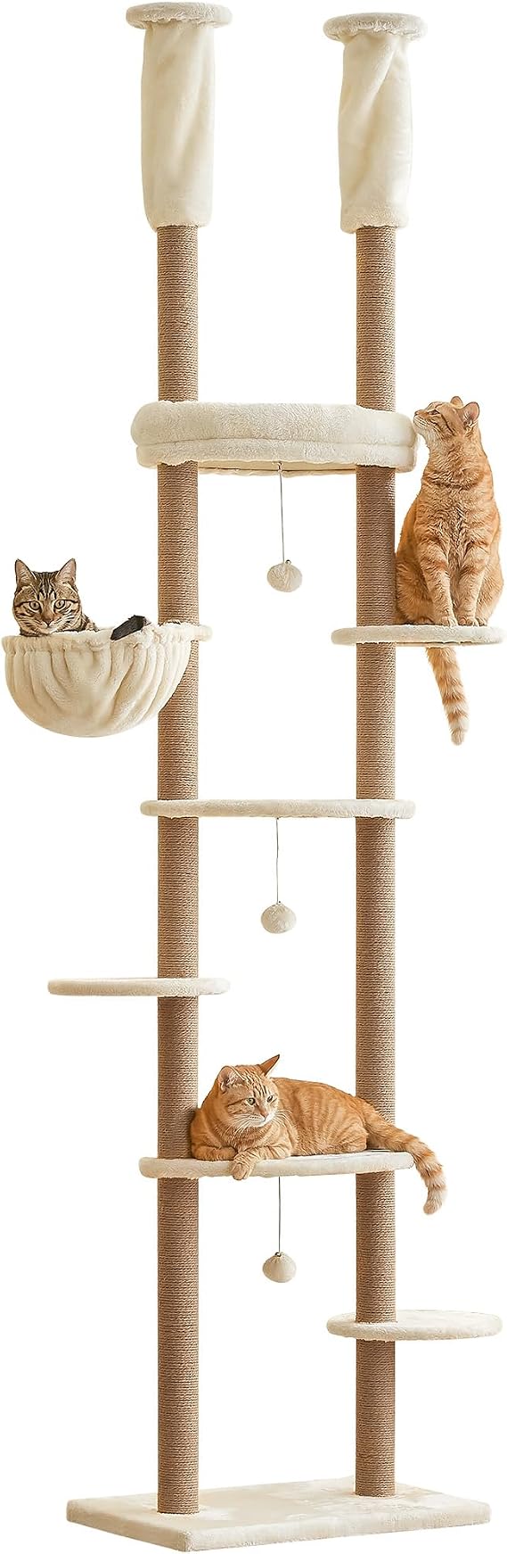 Floor to Ceiling Cat Tree, 7 Tiers Cat Tower, Adjustable 234-258cm with Hammock, Platforms y Sisal Scratching Posts for Indoor Cats, Beige