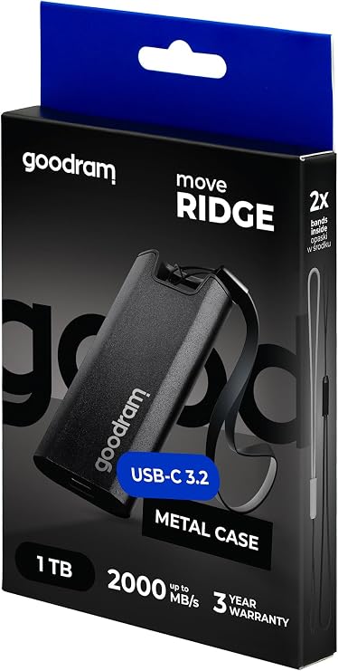GoodRam Move Ridge Black - Harici Sabit Sürücü - SSD 1TB - Okuma Hızı Maks. 2000 MB/s, Yazma Hızı Maks. 2000 MB/s - USB 3.2 Gen. 2 x 2 Tip-C - Metal Muhafazalı - 75 x 32 x 9,5 mm