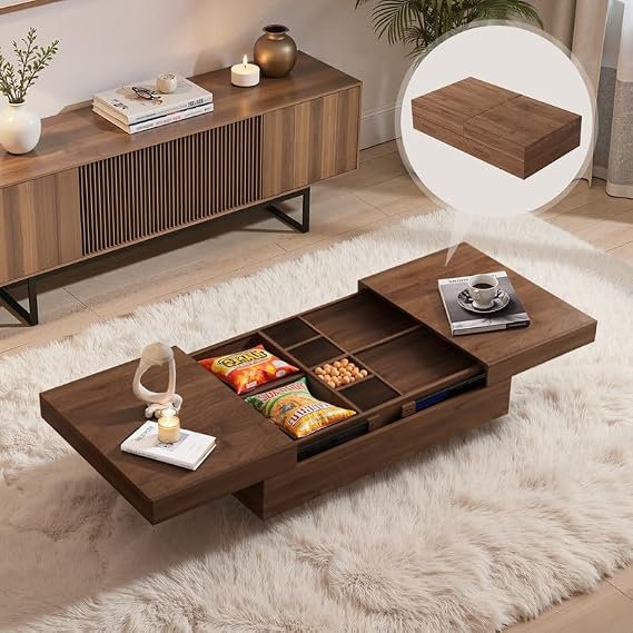 Extendable Walnut Coffee Table with Storage, Mid-Century Modern Low-Profile Tea Table with Hidden Compartments for Living Room, Sliding Extension 120cm - 208cm (47"-82")