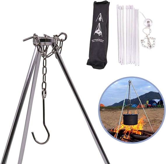 Portable Mini Camping Tripod for Campfire Cooking - Dutch Oven Adjustable Cooker, Grill Stand, Lantern Hanging Pot Holder With Storage Bag