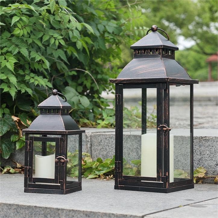 NEEDOMO Lanterns Decorative Outdoor&Indoor, Set of 2 17"&10" Bronze Metal Lantern Decor with Glass, Candle Holder for Porch, Patio, Garden, Balcony, Wedding, Table Centerpiece Decorations