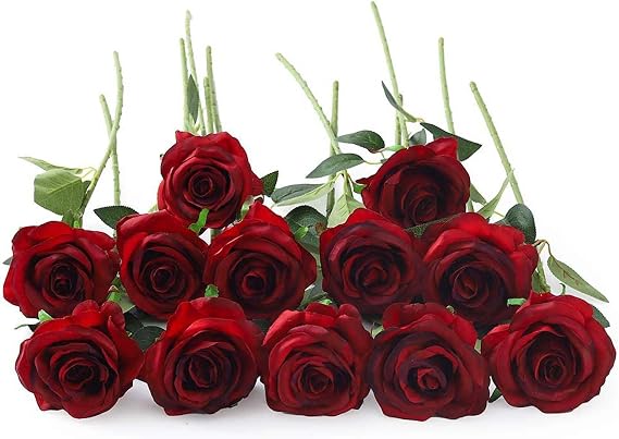 Laelfe 12 Pieces Burgundy Red Artificial Roses, 21" Long Stem
