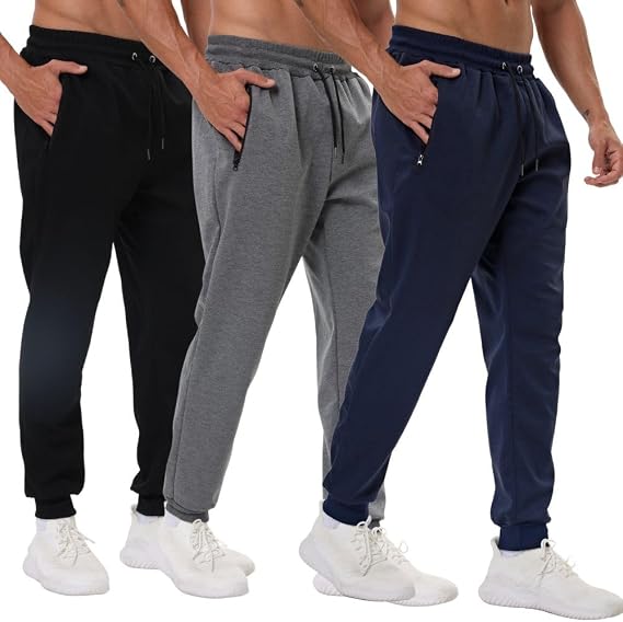 3 Pack Mens Athletic Sweatpants with Zip Pockets,Workout Gym Sweat Pants for Men Running Jogging Pants
