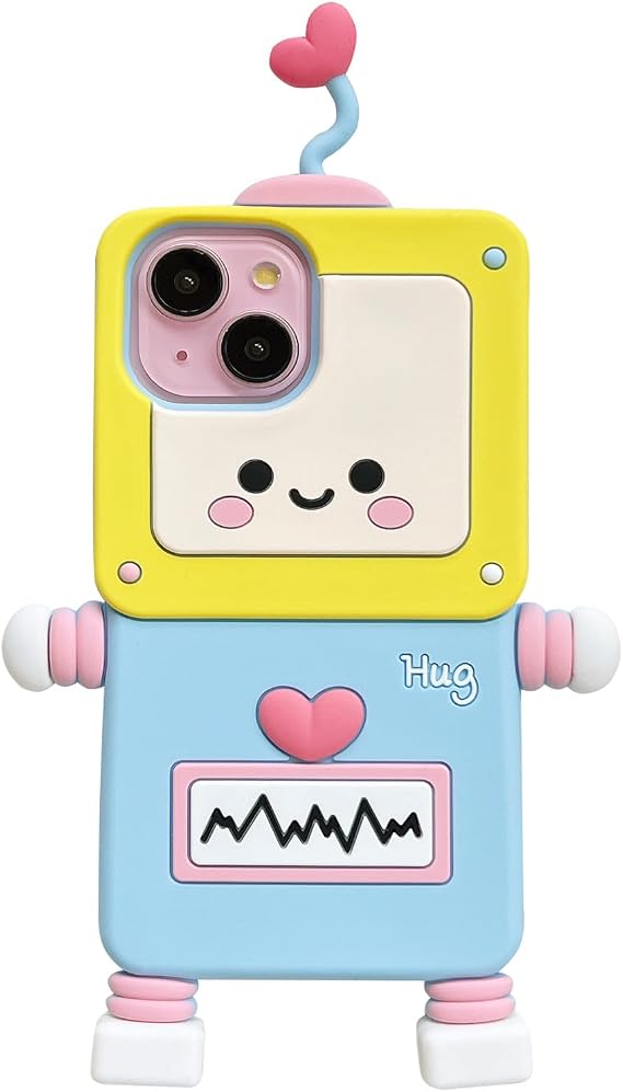 3D カートゥーンケース iPhone 15 Plus用 面白い かわいい ロボット クール かわいい ソフト シリコンケース 女性 ガールズ 耐衝撃プロテクター カバー iPhone 15 Plus対応