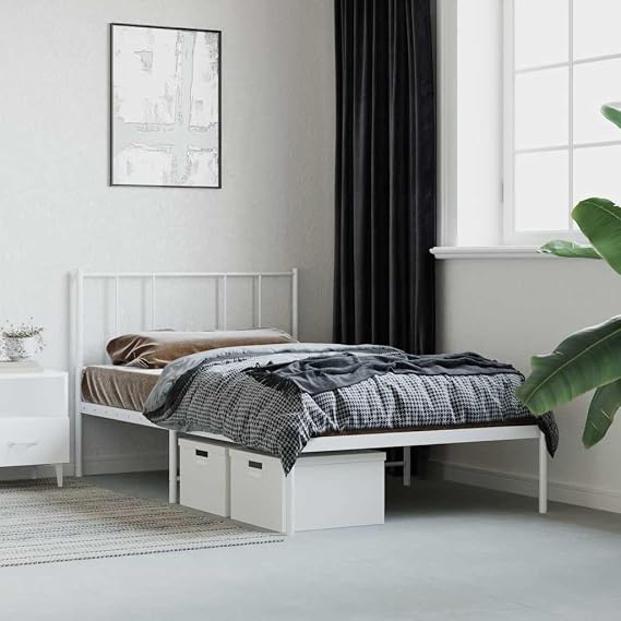 Double Bed Frame with Headboard, Heavy Duty King Size Metal Platform Bed Frame, Steel Black Bedroom Furniture for Master Guest Room（White,107 x 203 cm,with headboard）