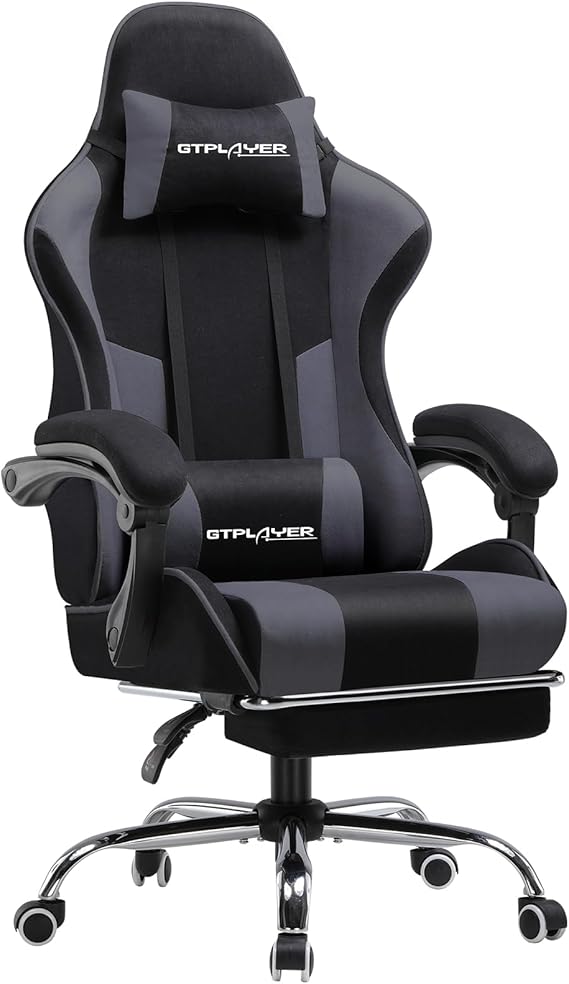 GTPLAYER Fabric Gaming Chair, Massage Ergonomic Computer Chair with Footrest, Lumbar Support, Headrest, Height Adjustable Home Office Reclining PC Racing Chairs, Grey