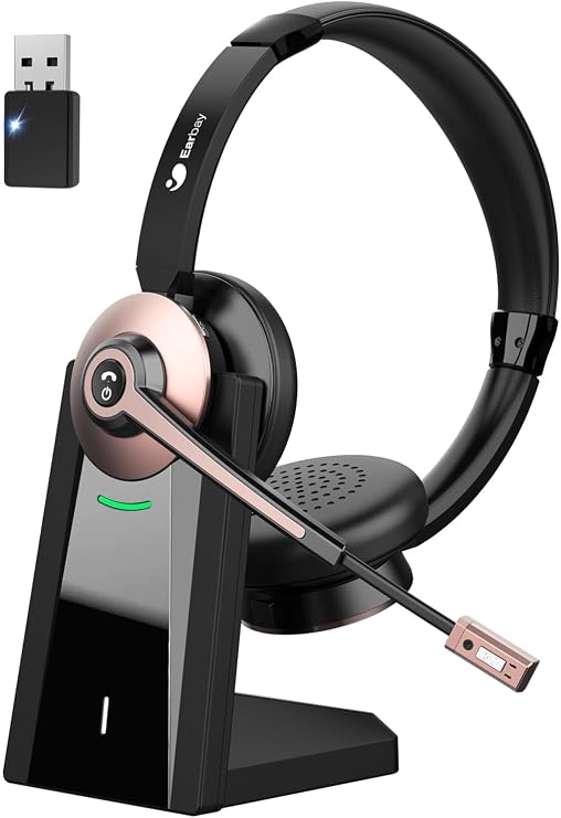 Earbay Wireless Headset Bluetooth Headset with Microphone and Noise Cancelling & USB Dongle Wireless with Microphone Mute & Charging Station for Computer/Phone/Meeting/Call Center/Office