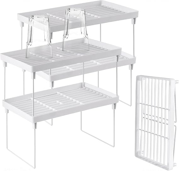 Eidoct 4-Pack Stackable Kitchen Storage Shelves - White Foldable Organizer Rack for Cabinet, Pantry & Counter | Expandable Shelf Organizer for Spices & Food (Multi-Purpose)