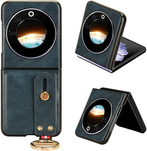 Compatible with Tecno Phantom V Flip 5G AD11 Case Cover,【PU Leather + Shell】 2 in 1 Wrist Strap Kickstand Blue