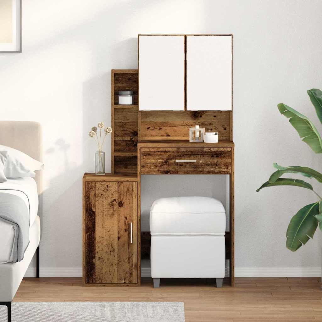 Old Wood Dressing Table, 80x35x132 cm Engineered Wood Vanity with Mirror, Ample Storage, 1 Drawer, 7 Shelves, 3 Doors for Bedroom Makeup