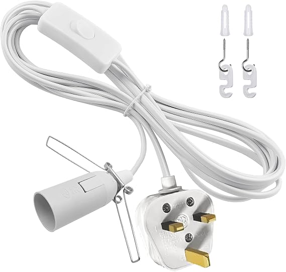 E14 Salt Lamp Replacement Plug in Light Fitting, Lamp Cable with Lamp Holder Inline Switch and Plug, 250V 1A Extension Hanging Lamp Standard Pendant Light Cord with Clip for Media Stream, White 1.8M