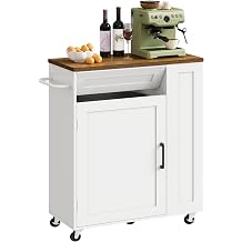 CHOEZON Mobile Kitchen Island, Storage Trolley with Hidden Trash Bin Cabinet, Universal Wheels, Drawer, Spice Rack & Towel Rack, for Kitchen, Dining Room, Living Room, White and Walnut DMZD06WL