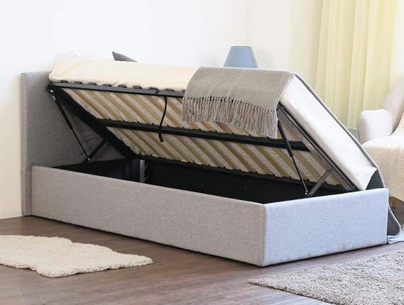 Home Treats Grey Ottoman Storage Bed Side Lift Up Frame With Deluxe Sprung or Foam Mattress (Double, Luxury Memory Foam Mattress)