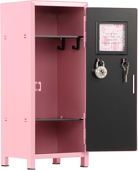 Mini Storage Locker 10.5×10.5×27.5cm, Rustproof Metal Locker Cabinet with Lock and Keys, Small Safe Box for Photos, Money and Private Letters, Internal Compartments, Mini Lockers for Home (Pink)