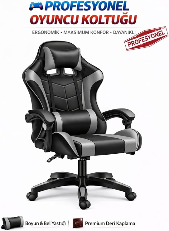 Raiden Gri Desen Oyuncu Koltuğu, Ergonomik Tasarım, Ayarlanabilir Boyun ve Bel Yastığı, Hareketli Kolçak