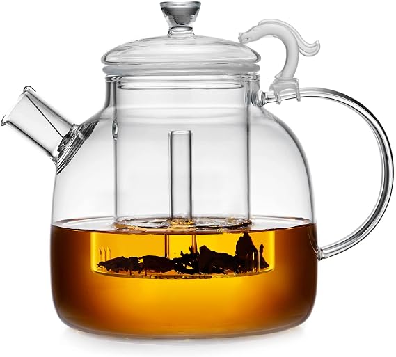 Pocarati Large Capacity Ethnic Style Glass Teapot, Heat Resistant Glass Kettle, Borosilicate Glass with Glass Tea Strainer, Suitable for Direct Flames, Dragon Head, Lid Holding Capacity, 69.7 fl oz 1,850 ml